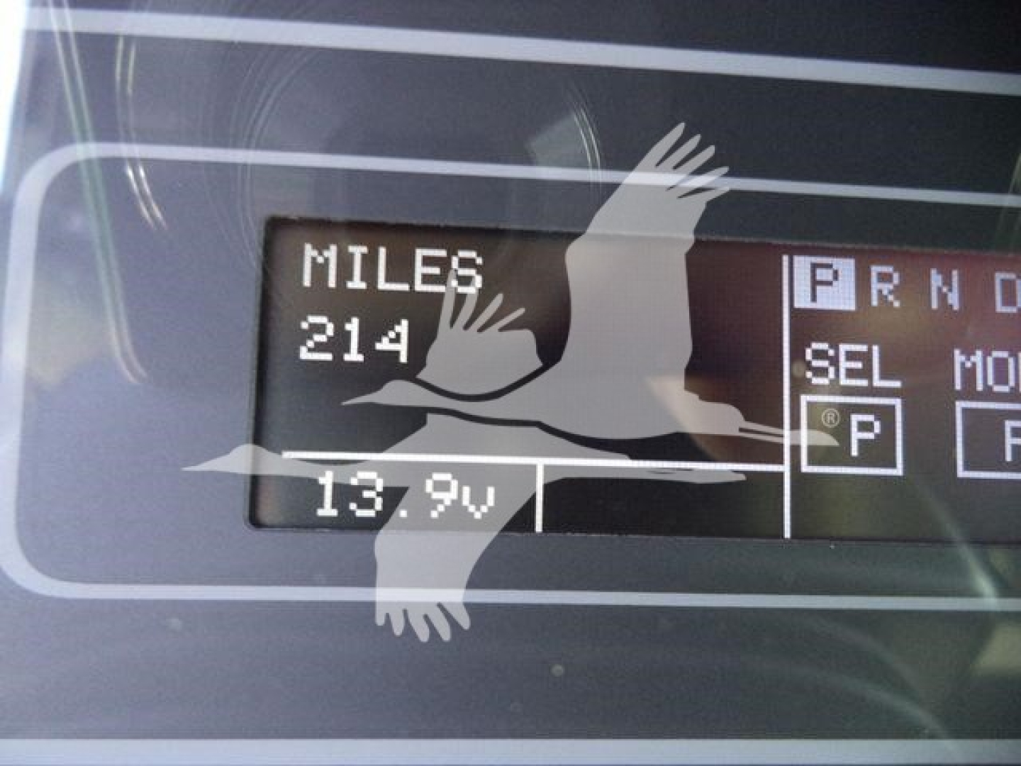 Digital instrument cluster showing Miles 214 and 13.9V with a bird graphic overlay.