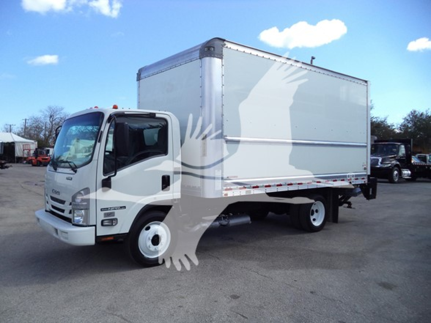 Isuzu NPR-HD box truck in a dealership lot showing a white cab and a large white cargo box.