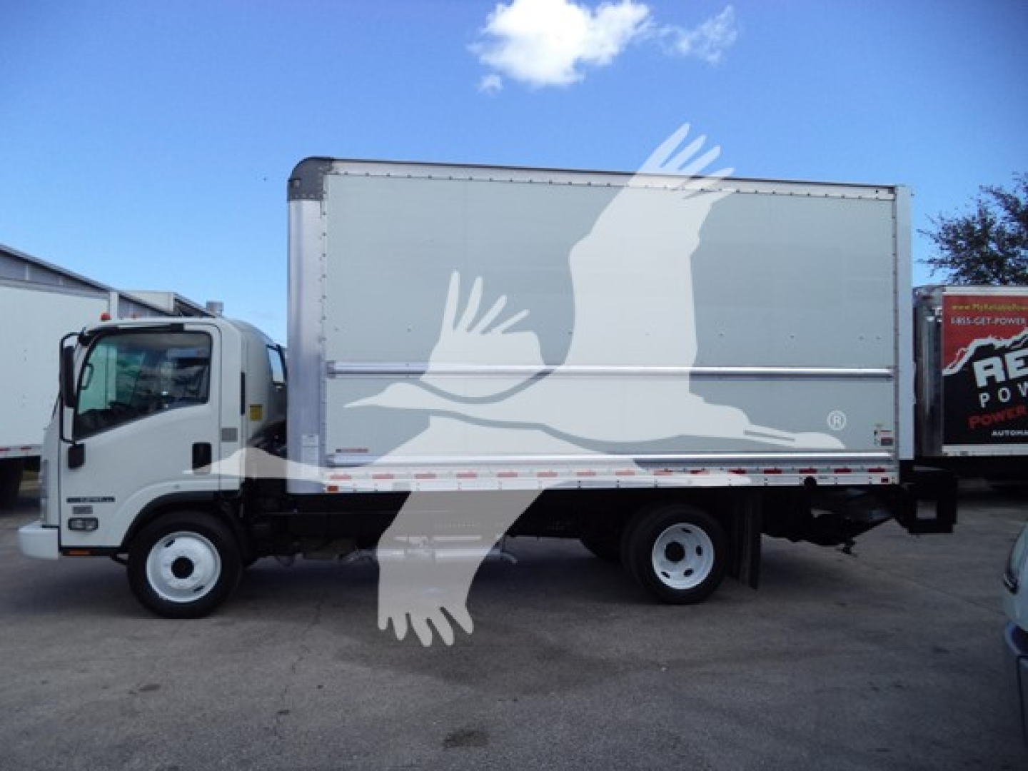 Isuzu NPR HD box truck side view showing cargo box with faint graphic; cab at left and white body