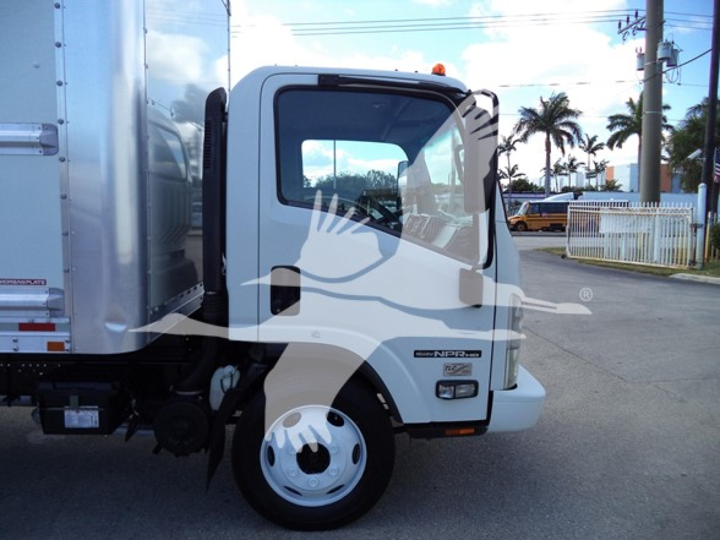 Isuzu NPR HD box truck cab side showing NP truck badge and wheel.