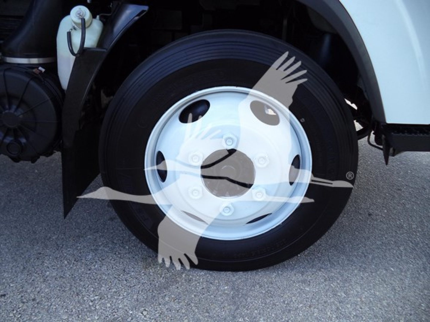Isuzu NPR HD truck front wheel and fender showing wheel, brake drum and white body panel