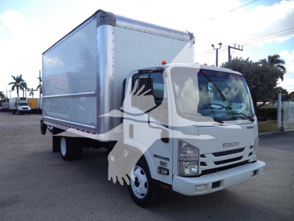 Isuzu NPR HD box truck in-view showing cab and large box cargo area with VIN plate and stock decal nearby.