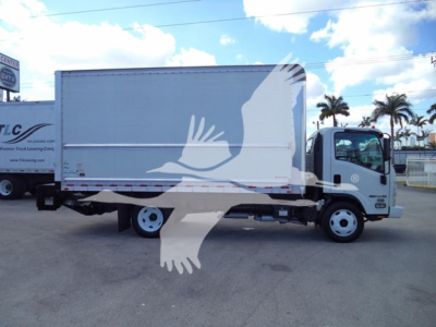 Isuzu NPR HD medium-duty box truck in side view with white cargo box and cab.