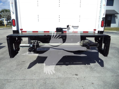 Rear view of Isuzu NPR HD box truck showing hitch assembly and bumper mounts.
