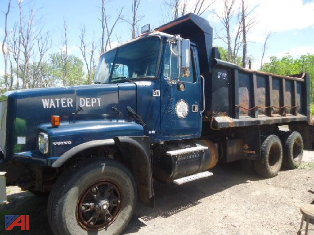 Volvo WG dump truck with Water Dept lettering on blue cab and black dump bed, side view showing front and rear wheels.