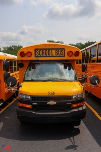 Front view of a yellow 2020 Chevrolet Thomas express mid-size wheelchair school bus with 'SCHOOL BUS' sign and number 358 on hood, flanked by other buses.