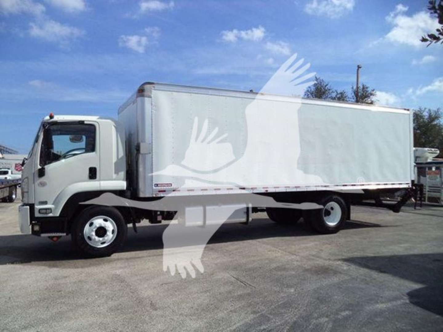 Isuzu FTR box truck side view showing cab and long rectangular cargo area with white exterior and black chassis.
