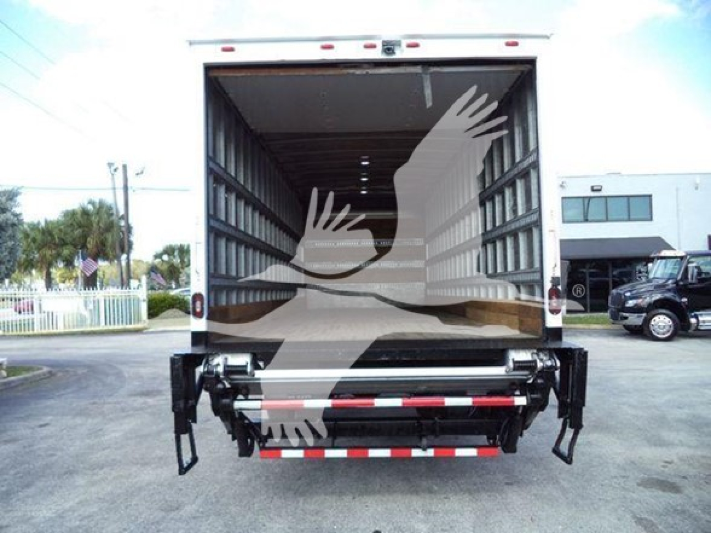 Isuzu FTR truck rear view showing box cargo area and tailgate with rear bumper and reflective safety markings.