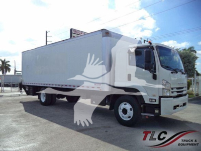 Isuzu FTR box truck with large cargo area and cab, side view showing front wheels and cargo box.