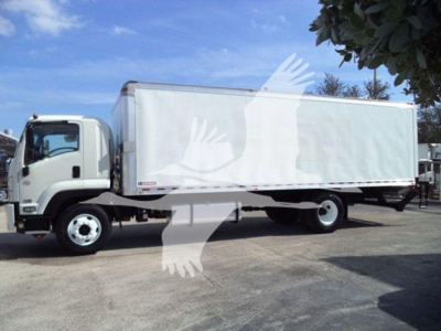 Isuzu FTR box truck side view showing cargo box and cab.