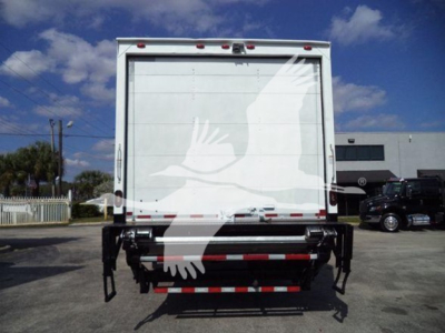 Isuzu FTR box truck rear view showing tailgate with bumper and hydraulic lift, no visible text.