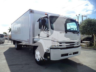 Isuzu FTR box truck showing cab and cargo area with stock number T00818 and VIN 54DK6S160JSG00818.