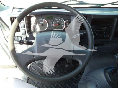 Isuzu FTR truck cockpit interior showing steering wheel, dashboard gauges, and instrument cluster in view.