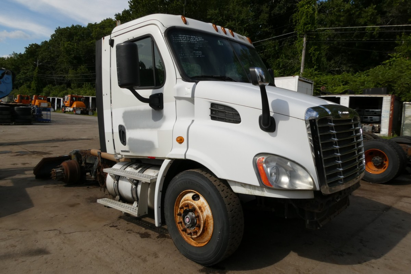 Freightliner Cascadia 113 cab front-left view showing white exterior and dual fuel tanks with worn wheel rims