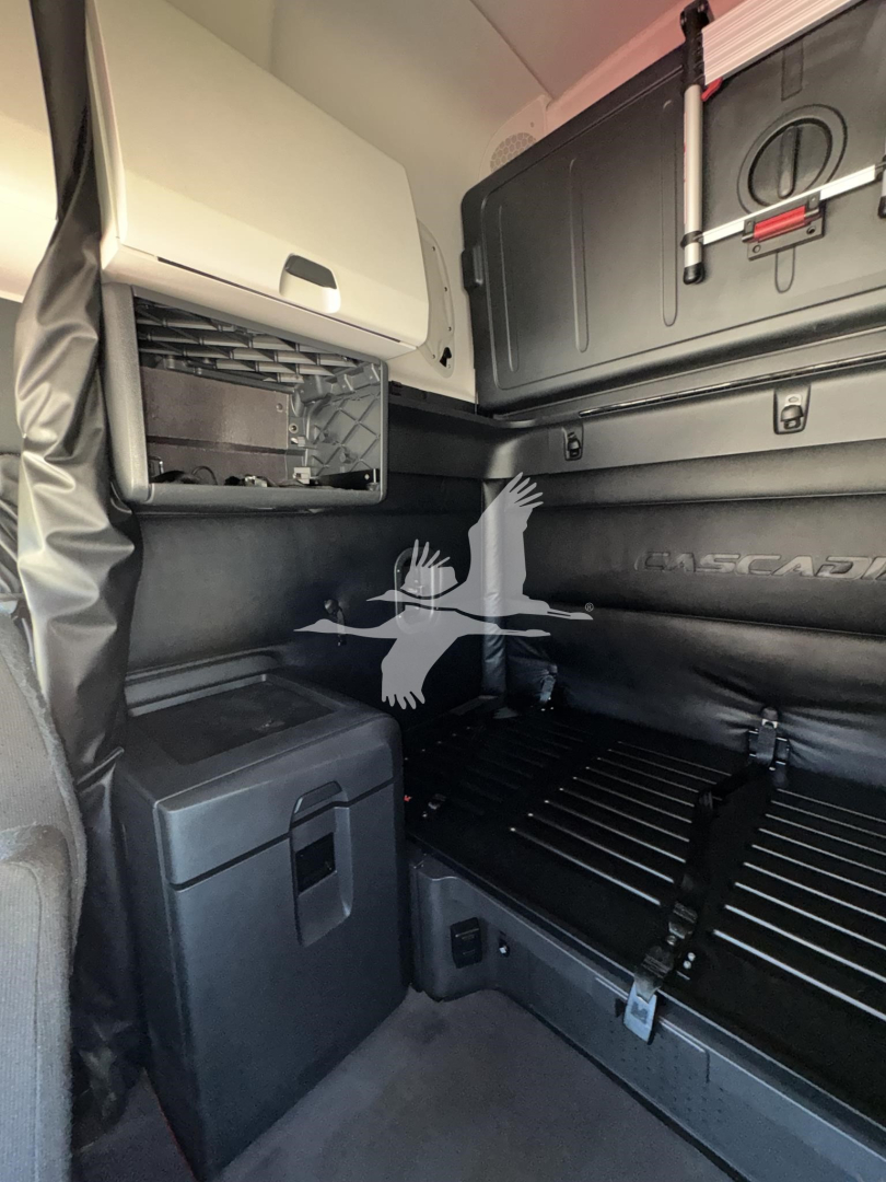 Freightliner Cascadia 126 sleeper cab interior showing storage cabinet, elevated bunk area, and sidewall with molded panels.
