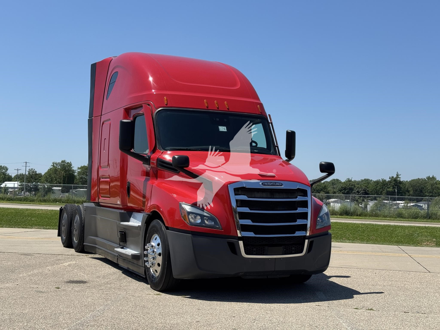 Freightliner Cascadia 126 semi-truck cab in red with sleeper, front three-quarter view, VIN 1FUJHHDR8PLMX3425 visible in listing.