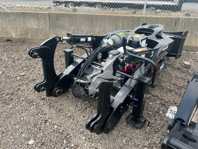 Equipment hitch attachment for a Fontaine EQ-1 lowboy trailer showing hydraulic hoses, control valve, and mounting frame.