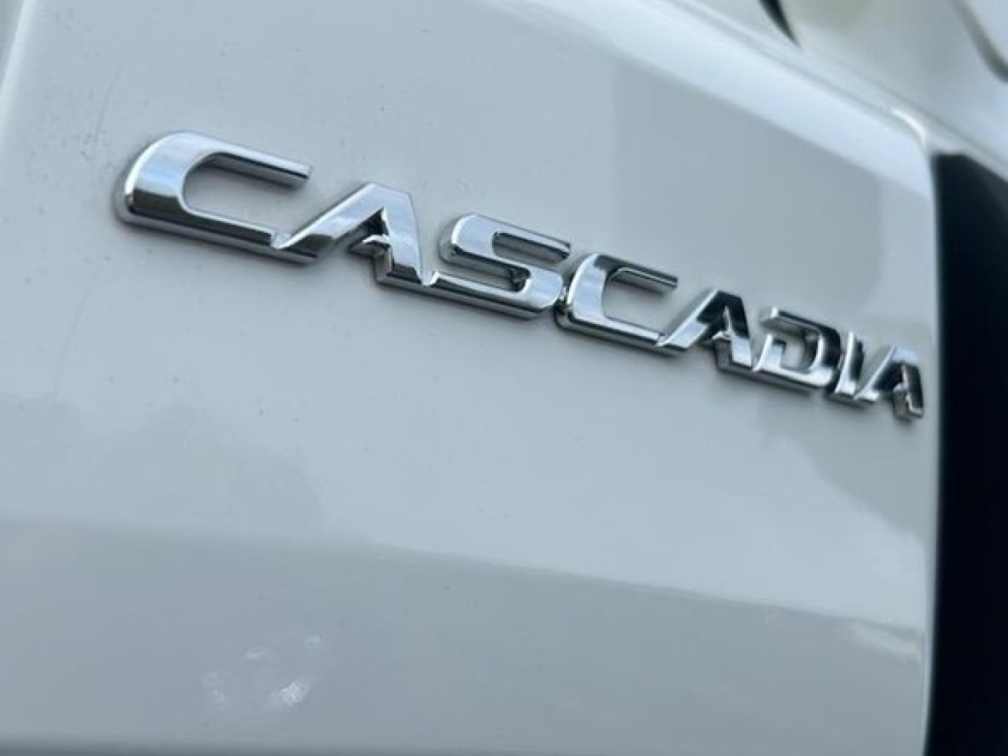 Casadia badge on a Freightliner Cascadia truck showing the 'CASCADIA' chrome emblem on a light-colored exterior.