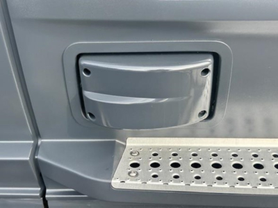 Truck side step and grab handle area showing metal step with perforated surface and a small gray access panel on the Freightliner Cascadia cab.