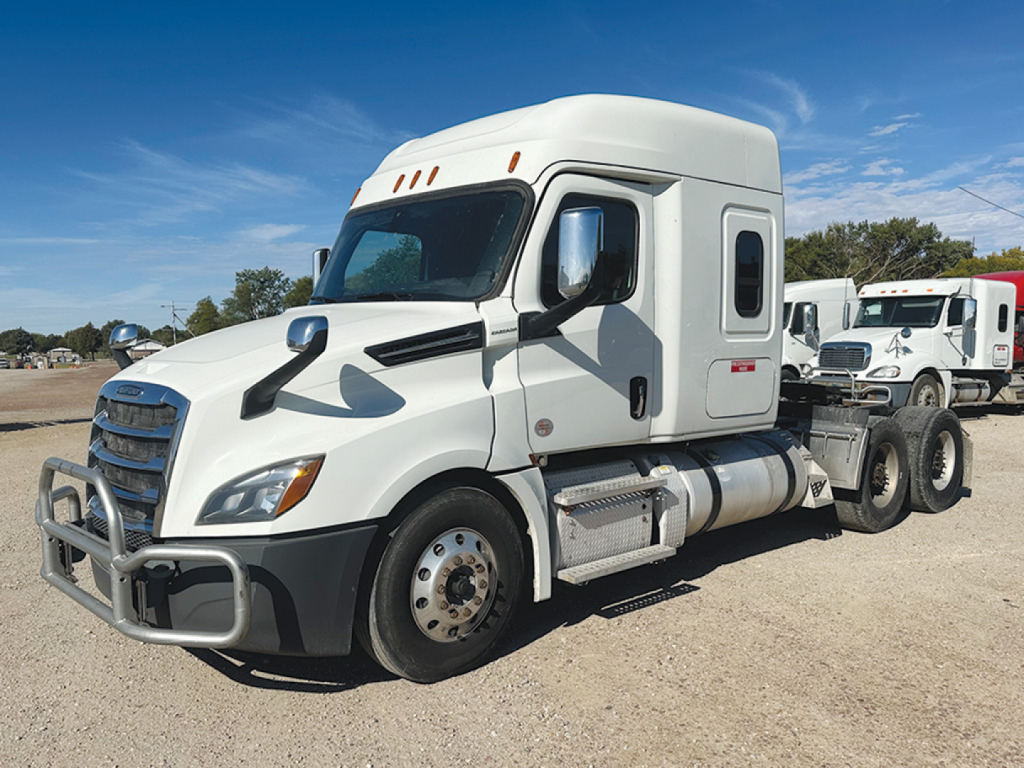 White Freightliner Cascadia126 sleeper cab tractor showing front bull bar and side steps.
