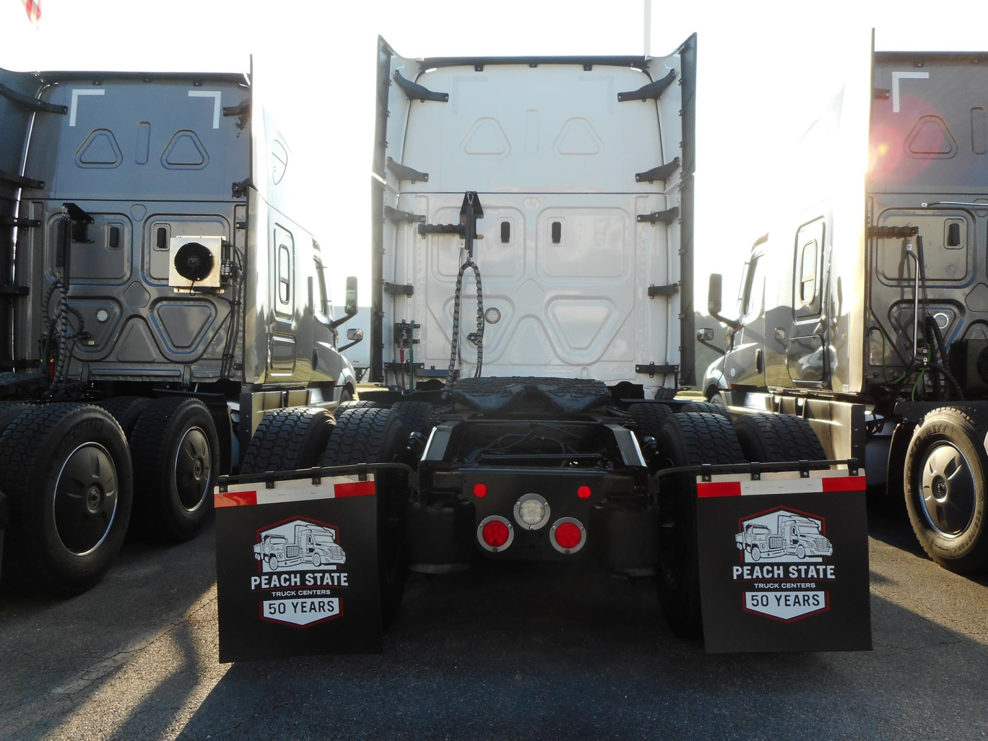 Rear view of a Freightliner Cascadia tractor with fifth wheel and mud flaps reading Peach State 50 Years; twin rear axles and clean white trailer backs.