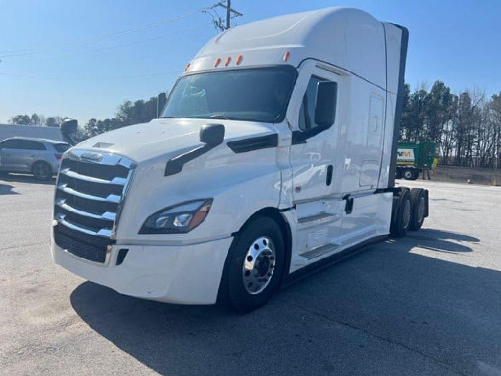Freightliner Cascadia 126 truck in white, front three-quarter view