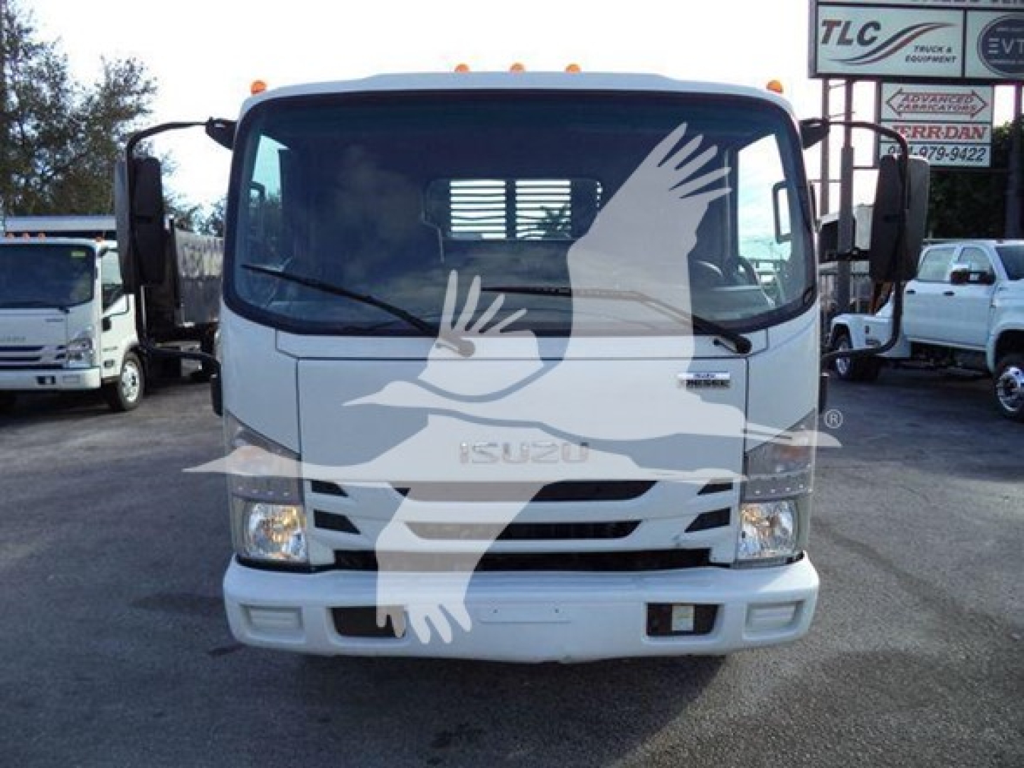 Isuzu NRR truck front view showing grille, headlights, windshield, and side mirrors. Plate-free front with Isuzu badge and windshield wiper.