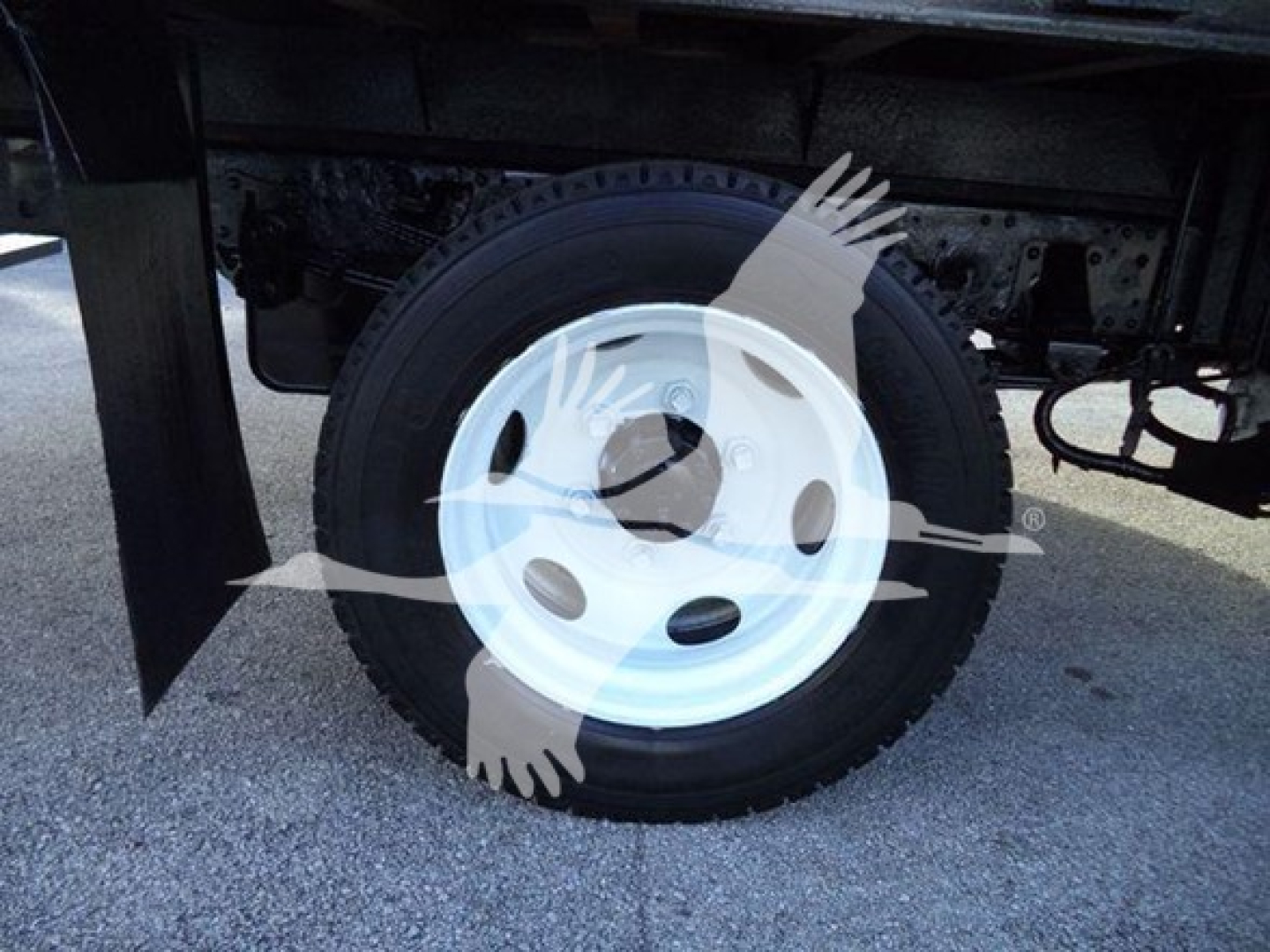Isuzu NRR truck wheel/view showing white steel rim and tire with minimal surrounding chassis undercarriage.