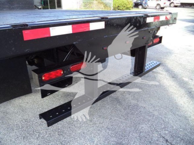 Isuzu flatbed truck rear view showing bumper step, taillights, and reflective tape.