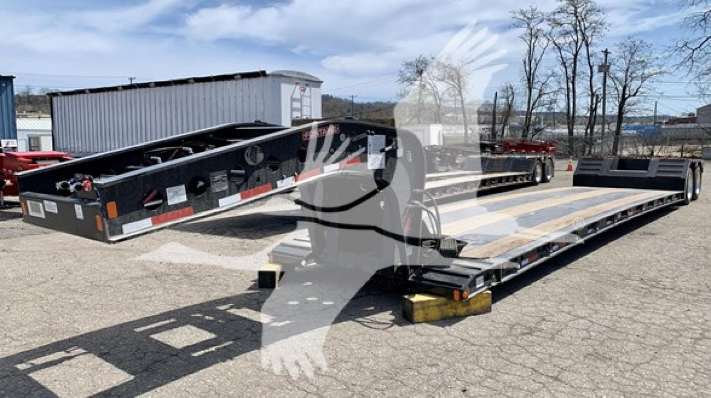New Fontaine Renegade N12 lowboy trailer on lot showing flatbed with ramps and labeling, VIN 13N35320XV35A6655, stock V35A6655, category lowboy, trailers, new.