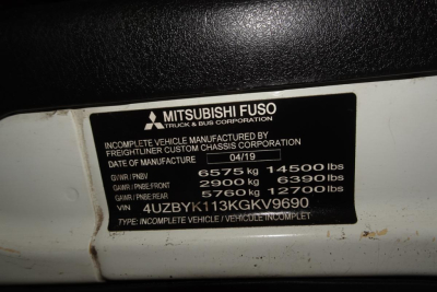 Mitsubishi Fuso Canter FE140 door/ID plate showing gross vehicle weight ratings and VIN 4UZBYK113KGKV9690.