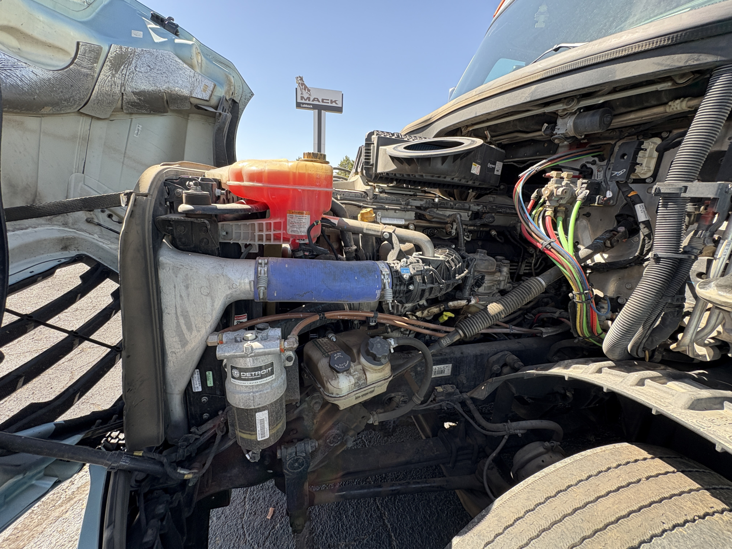 Truck engine bay of a 2023 Freightliner Cascadia 126 with exposed hoses, wiring, and fluid reservoirs visible from the left-front side.