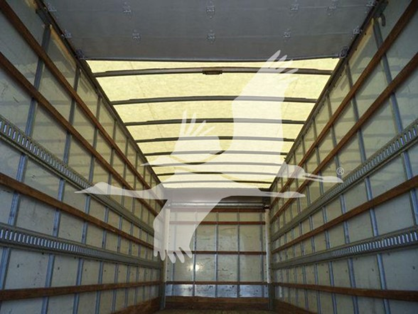 Truck trailer interior with empty box area and overhead ceiling, Hino 268A listing. VIN 5PVNJ8JV7K4S71130 stock T71130 box truck used.