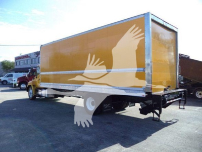 2019 Hino 268A box truck with yellow trailer attached and stock number T71130.