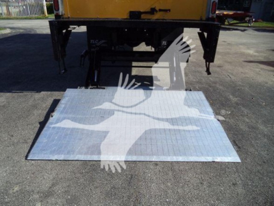 Hino 268A truck rear with lowered aluminum lift/step showing platform with bird logo overlay.
