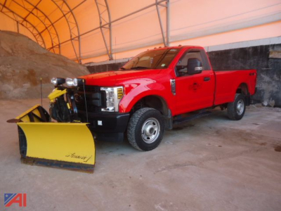 2019 Ford F-350 Super Duty pickup with a yellow snow plow attached, red cab and bed interior visible.