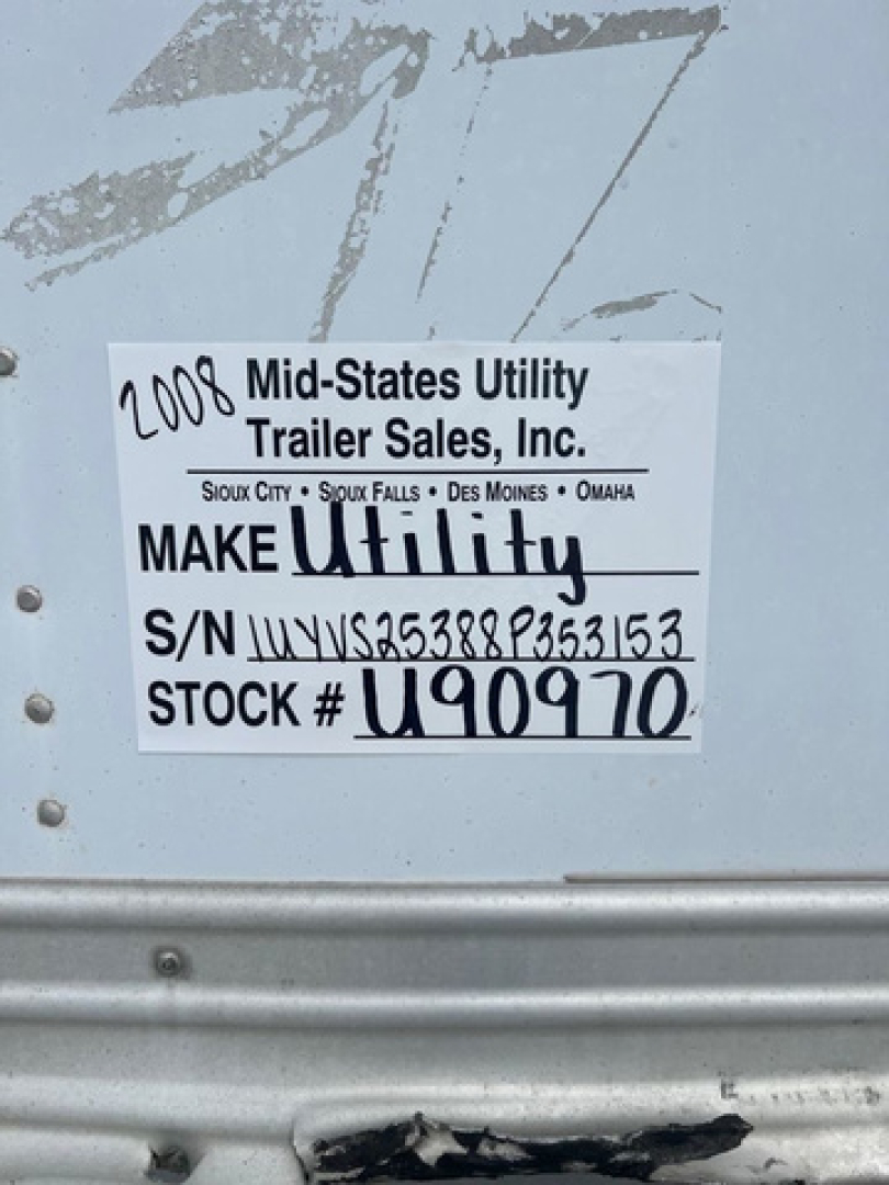 Label on utility trailer showing 2008 Mid-States Utility Trailer Sales, Inc. with S/N UYVS25388P353153 and Stock U90970.