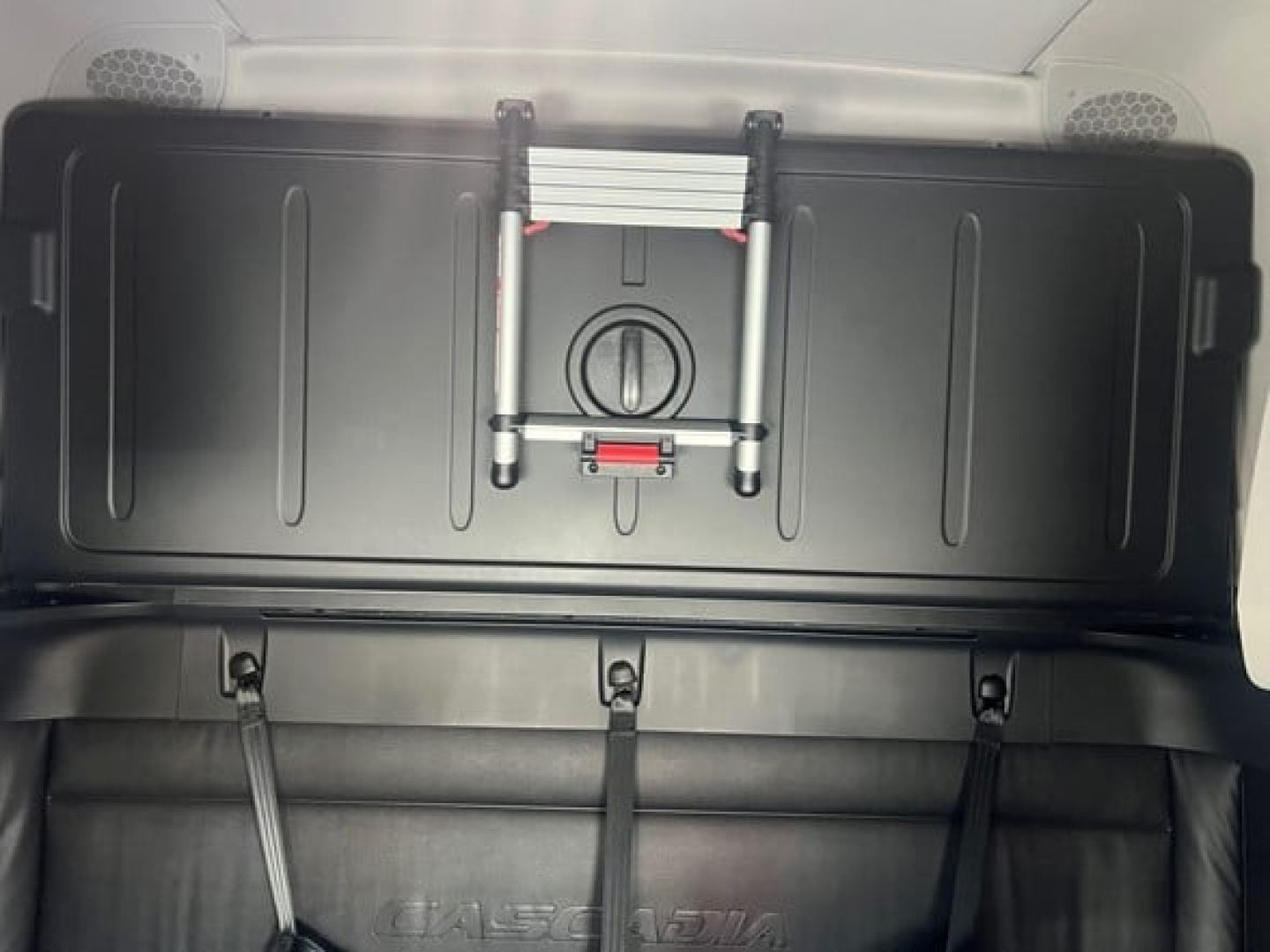 Rear sleeper area of a Freightliner Cascadia 126 truck showing a Storage box and straps, with a small ladder and aluminum hardware mounted on a black panel.