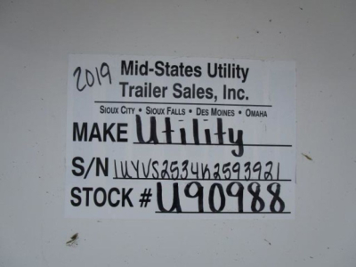 Trailer label showing 2019 Mid-States Utility Trailer Sales, Inc. S/N 1UYVS2534K2593921, STOCK # U90988.