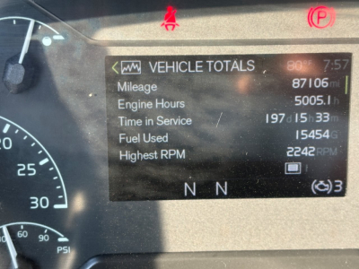 Vehicle totals display on Volvo VHD cabin showing Mileage 87106 mi, Engine Hours 5005.1 h, Time in Service 197 d 15 h 33 m, Fuel Used 15454, Highest RPM 2242 RPM, N N indicators.