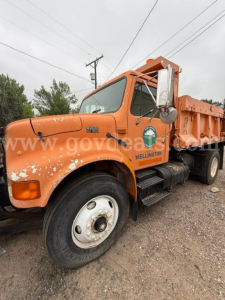 Truck cab and bed of a 1994 International 4900 plow truck, orange in color with Wellington sticker, front wheel visible, side mirror, and plow bed at rear.