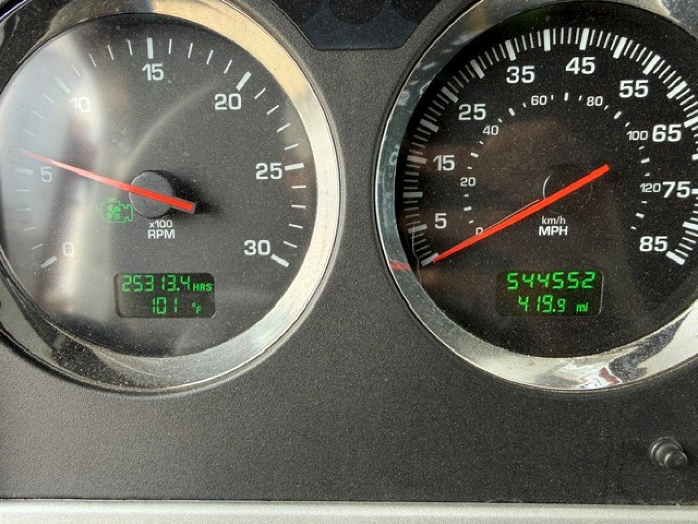 Dashboard gauges of a 2019 Kenworth W900 showing tachometer and speedometer with digital readouts: engine hours 25313.4, coolant temp 101°F, odometer 544,552 miles, trip 419.9 miles.
