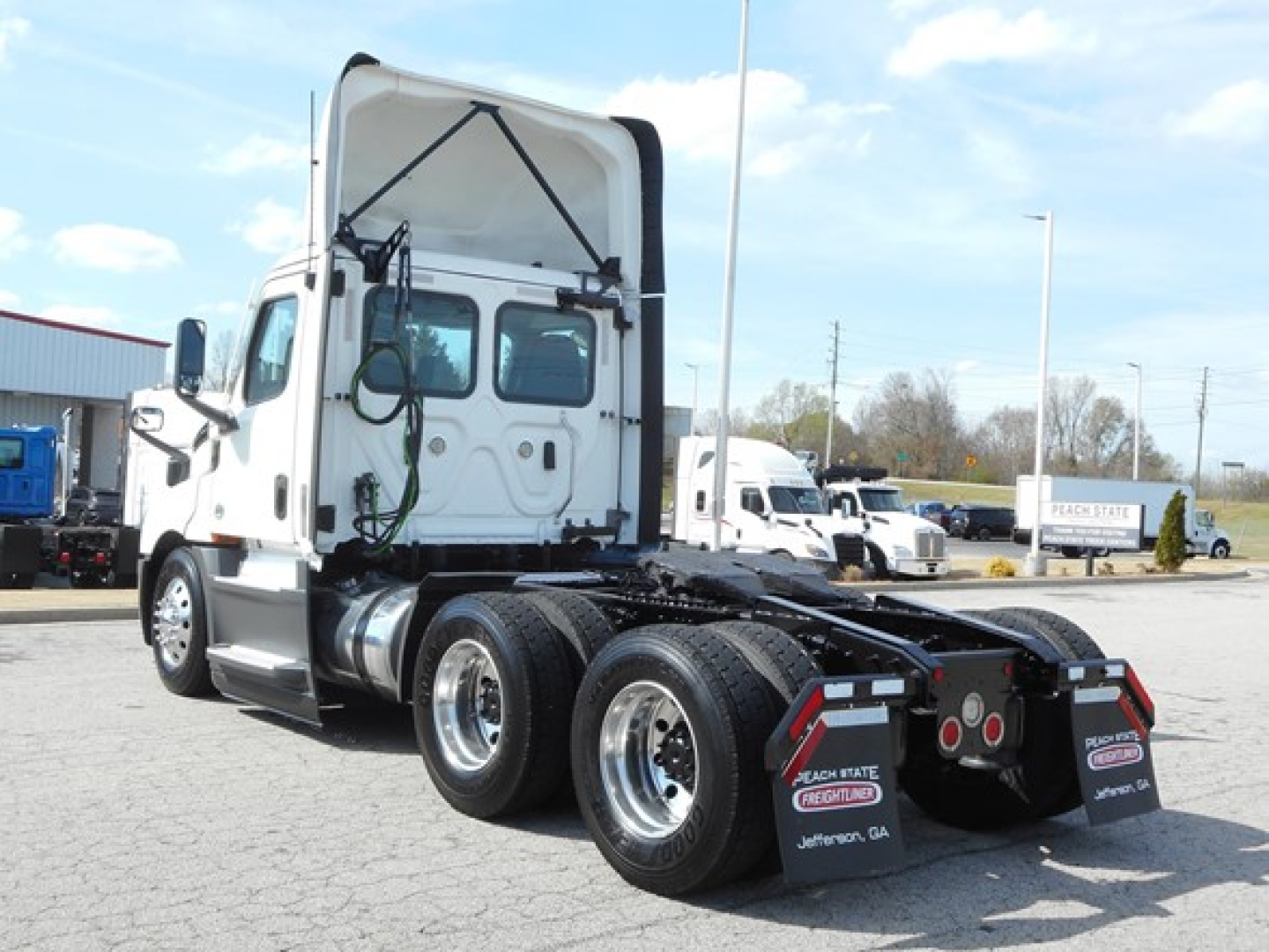 Freightliner Cascadia 126 day cab truck tractor rear and side view showing dual rear axles and fifth wheel, white cab, stock plate area.
