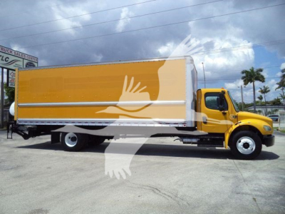 Box truck side view 2019 Freightliner M2 106 with yellow cab and orange cargo box, VIN 3ALACWFC6KDKH6807, stock TH6807.