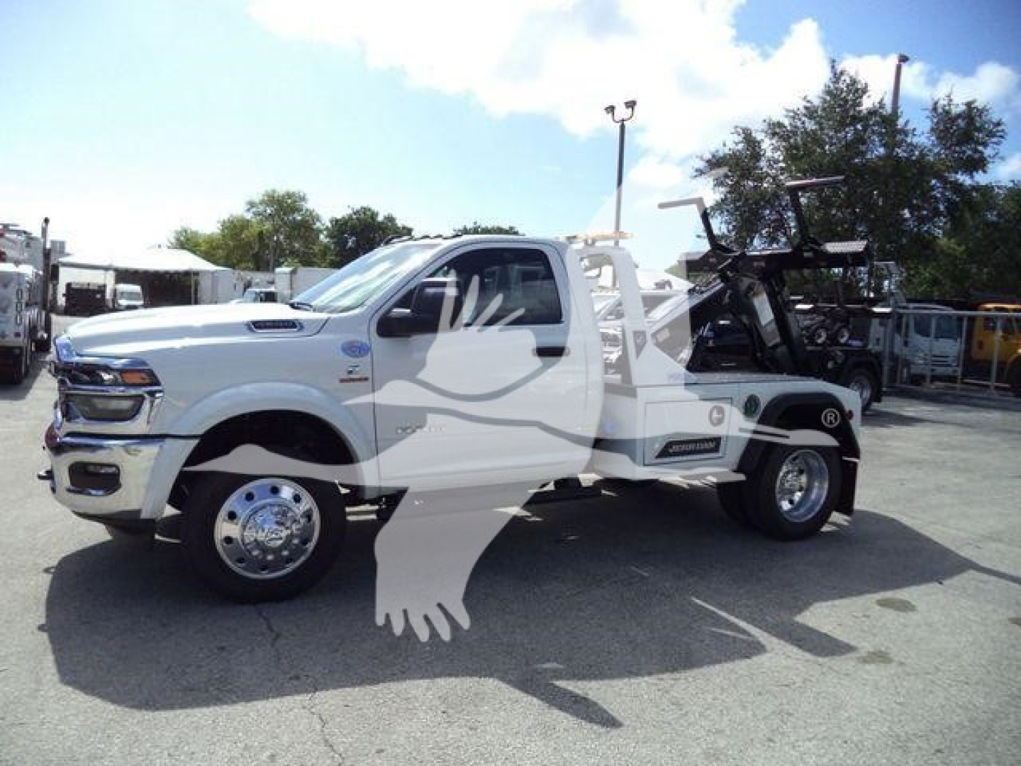 Ram 4500 truck with front cab, winch equipment, and hydraulic crane in-service showing VIN 3C7WRKAL0TG217748 and stock J17748.