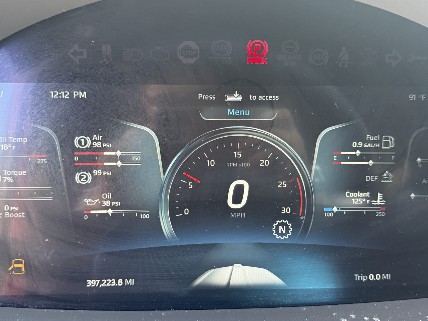 Kenworth T680 dash cluster display showing digital gauges, speedometer at 0 MPH, fuel and coolant indicators, trip mileage 0.0, engine temperature readings, and a center display with RPM gauge.