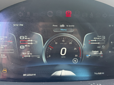 Kenworth T680 dash cluster display showing digital gauges, speedometer at 0 MPH, fuel and coolant indicators, trip mileage 0.0, engine temperature readings, and a center display with RPM gauge. 