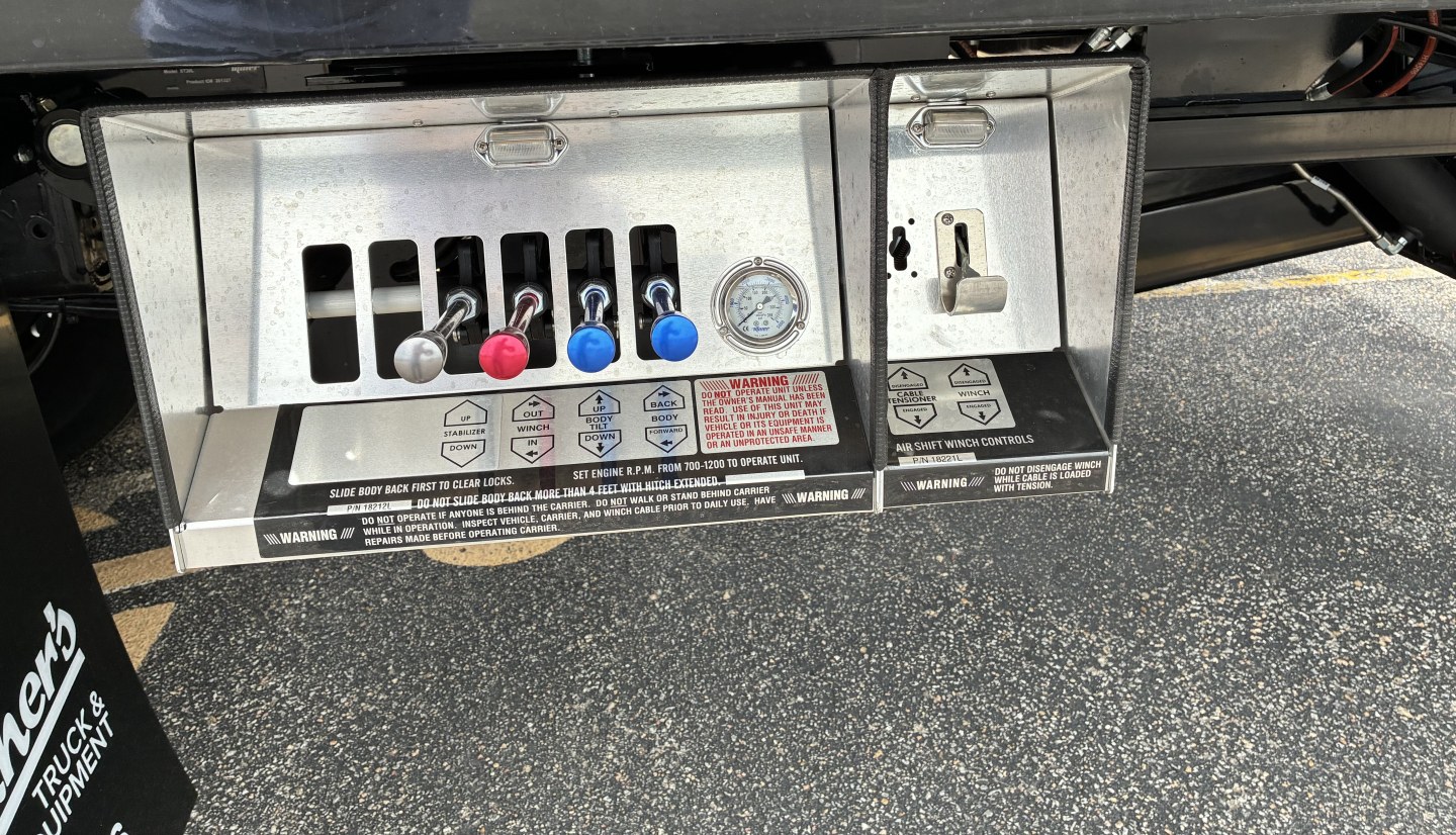 Truck service panel with multiple colored levers/gauges and label text. Includes five levers colored red, blue, and black, with control panel and warning/readout panels.