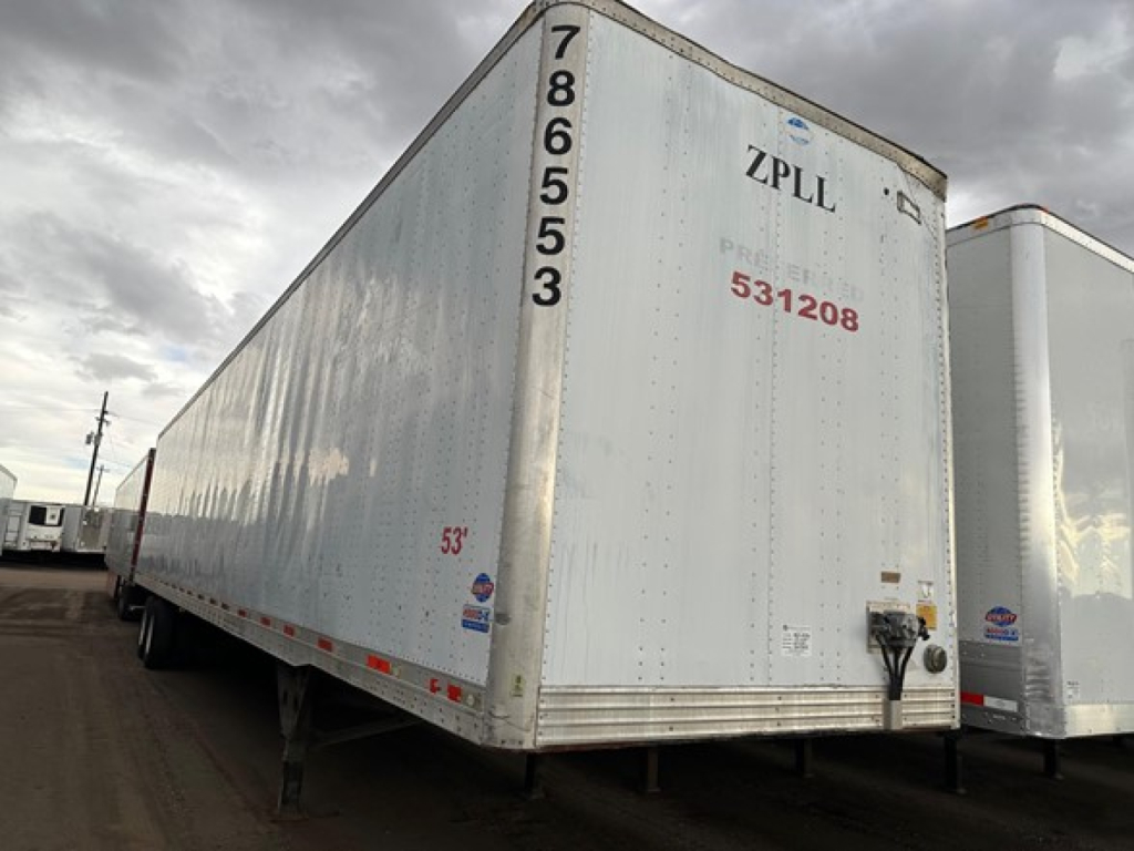 Utility 4000D-X trailer side and rear view showing number 786553 and 53' length with red stock number 531208