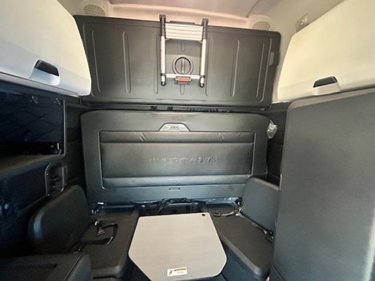 Freightliner Cascadia sleeper cab interior showing storage area and wall panels with overhead cargo strap.